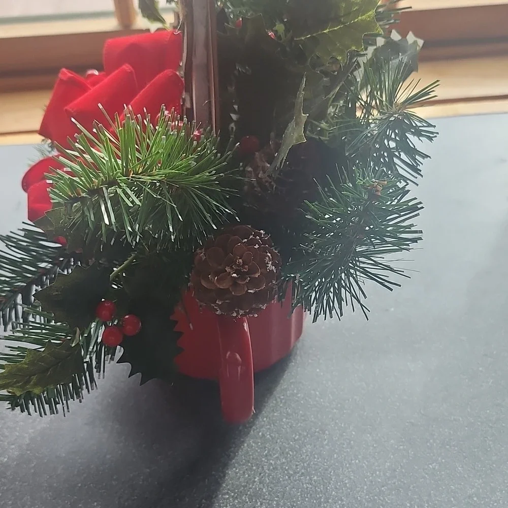 Artificial Pine and Holly Christmas Arrangement in Red‎ Mug with Snowman